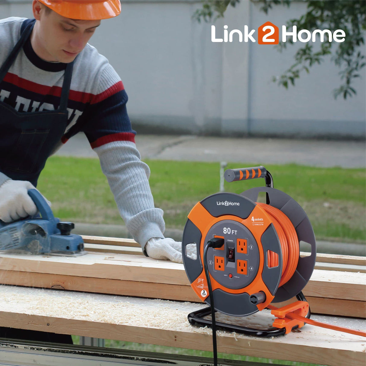 Link2Home Cord Reel 80 ft. Extension Cord 4 Power Outlets – 14 AWG SJTW Cable. Heavy Duty High Visibility Power Cord. Link2Home