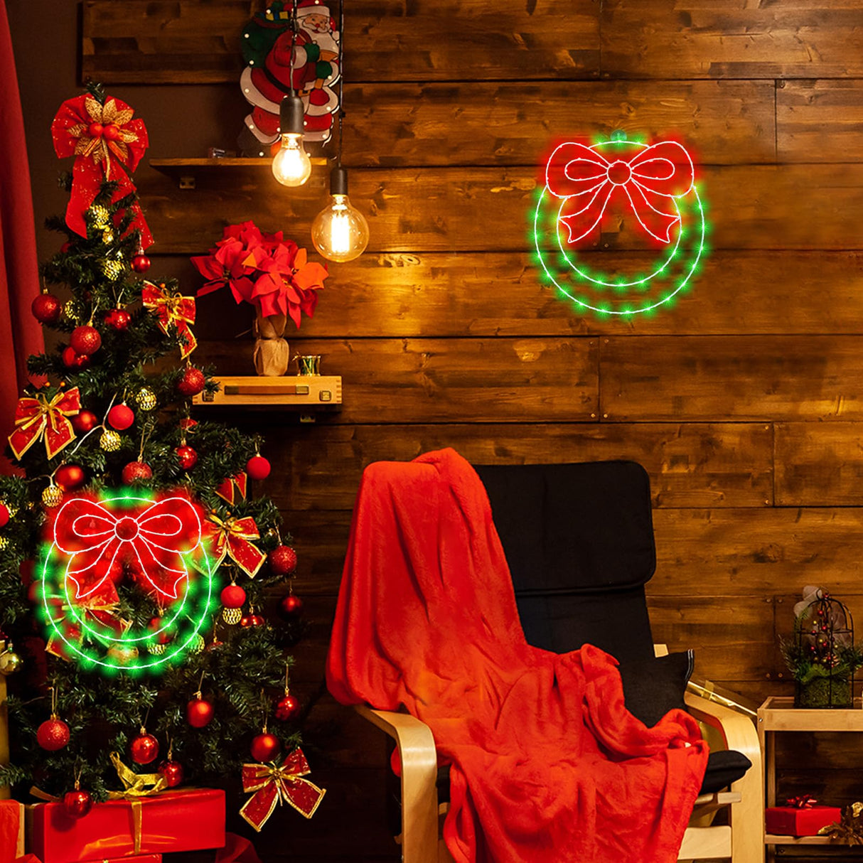 Christmas Wreath Window Lights Decorations, 13.5 IN 82 LED Lighted Christmas Wreath with Bow, Remote Control Timer USB Powered Window Silhouette Lights for Home Door Wall Home Winter Xmas Party Decor CESOF