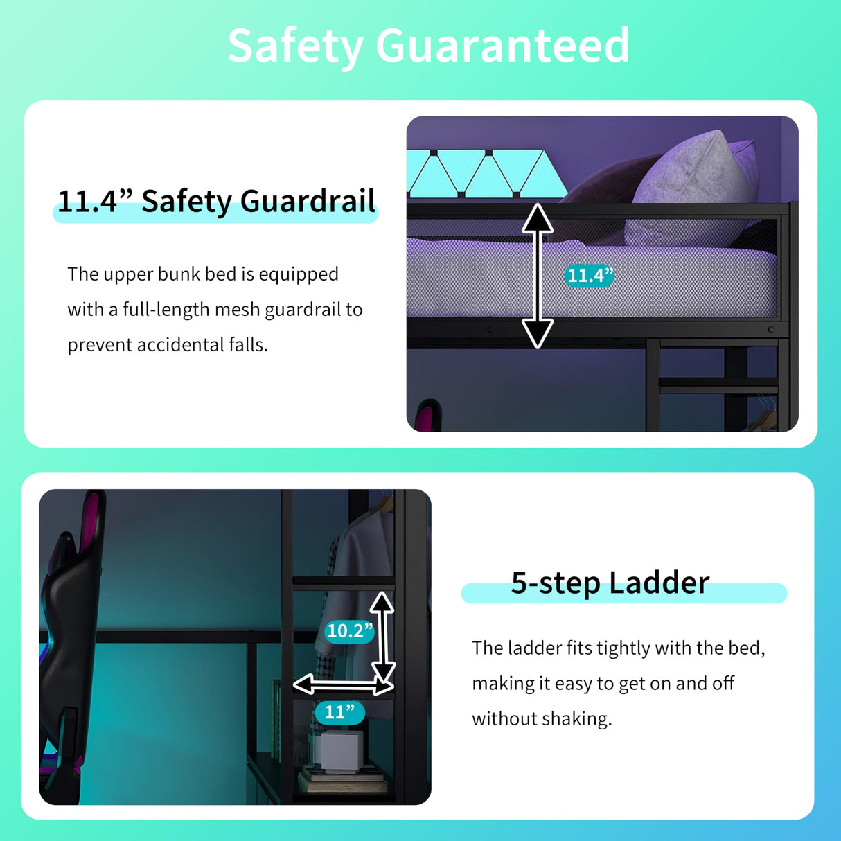 Polibi Full Size Metal Gaming Loft Bed with LED Lights/Desk/Open Wardrobe and 3 Linen Storage Drawers,Loft Bed Frame with Mesh Guardrail and Ladder,Black Polibi