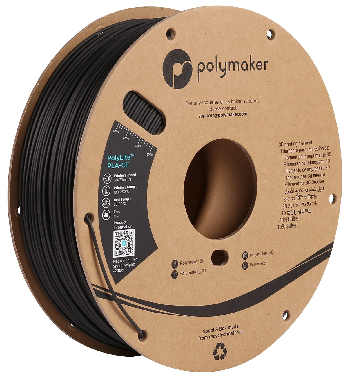 Polymaker Carbon Fiber PLA Filament 1.75mm, Carbon Fiber Reinforced 3D Printer PLA Filament 1kg - PolyLite 1.75mm Carbon Fiber 3D Printing PLA Filament Strong & Easy to Print & Matte PLA-CF POLYMAKER