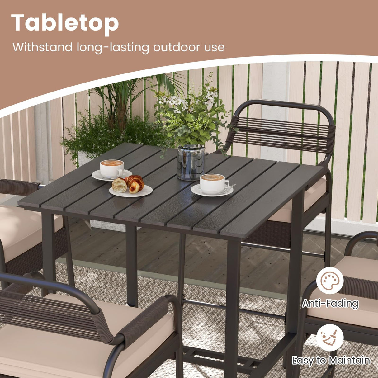 Tangkula 5-Piece Patio Rattan Bar Set, Counter Height Square Table with 4 Wicker Counter Stools, All-Weather Tabletop, Cushioned Outside Dining Set for Poolside, Backyard (Brown) Tangkula