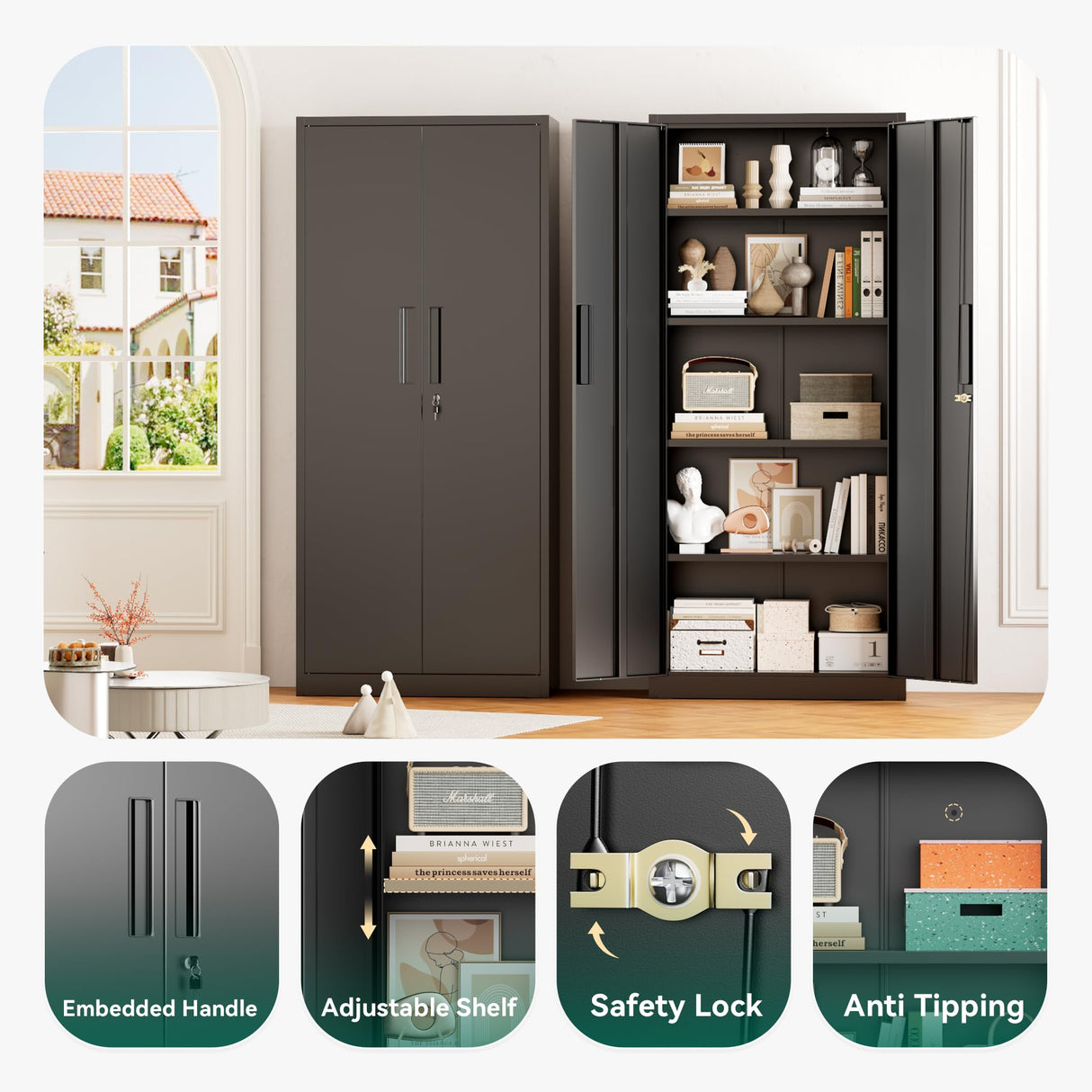 Greenvelly Metal Pantry Cabinet, 63”Tall Black Kitchen Pantry Storage Cabinets with 2 Lock Doors and 4 Adjustable Shelves for Home Office, Dinning Room,Garage Greenvelly