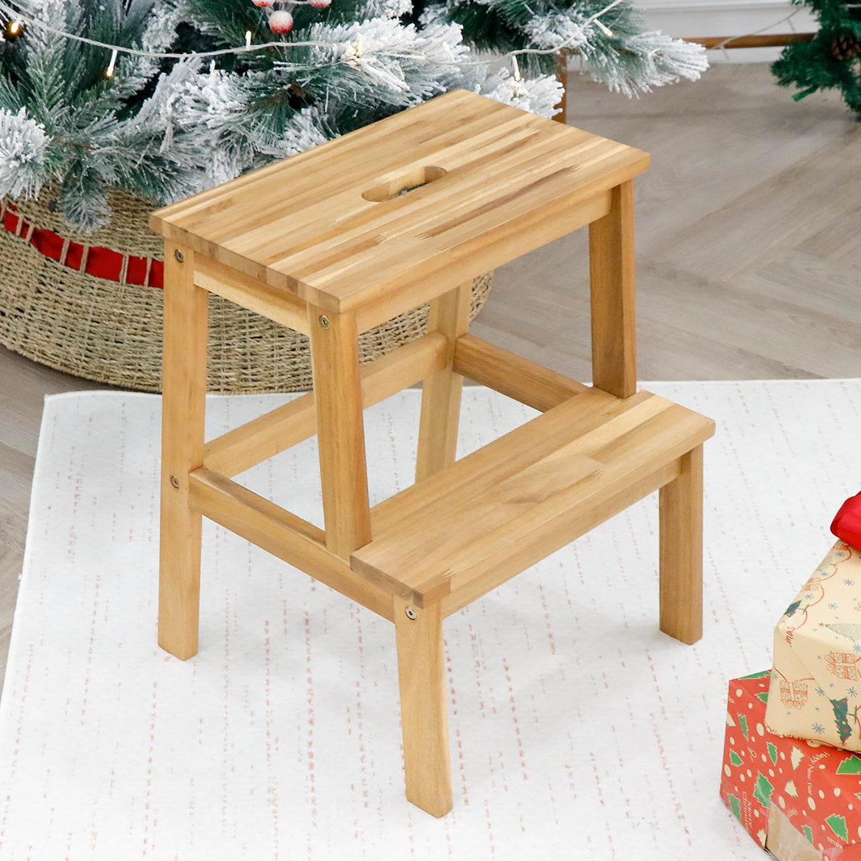 VICTORY RELAX Acaia Wood 2 Step Stool, Waterproof Wooden Step Stool for Adults, 20 Inch Tall Wood Short Footstool Suitable for Bathroom, Kitchen, Bathroom, Bedroom VICTORY RELAX