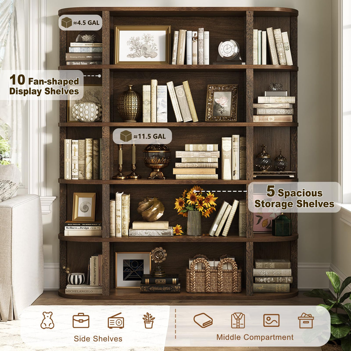 TVU 5-Tier Wood Book Shelf, 47" Wide Large Bookshelf and Bookcase, 62" Tall Bookshelf with Curved Side Shelves, Freestanding Wood Display Book Shelves for Living Room, Home Office, Walnut TVU
