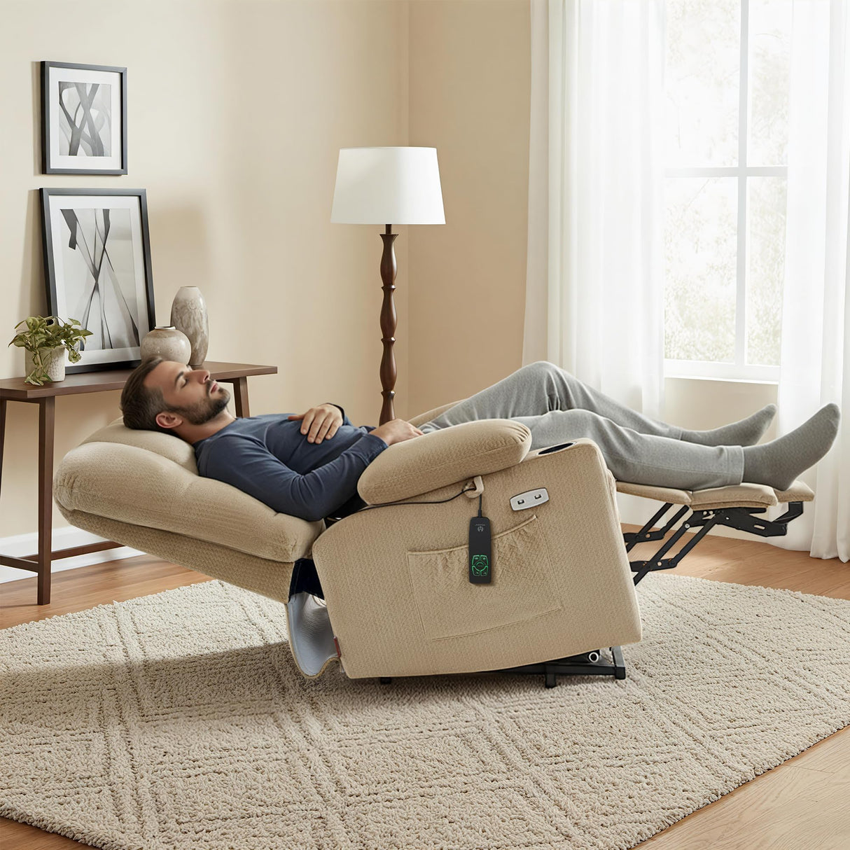MCombo Large Dual Motor Power Lift Recliner Chair for Elderly, Massage and Heat, Lay Flat, Zero Gravity, Home Button, USB Port, Fabric 7680 (Large, Beige) MCombo