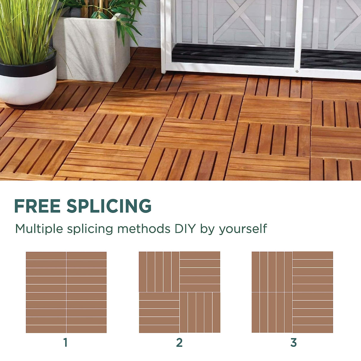 Interlocking Deck Tiles - 10PCS Waterproof Acacia Wood Patio Tiles, Flooring Tiles for Both Indoor and Outdoor - Decking Stripe Pattern, Golden Teak, 12 x 12 x 0.9 inches IDZO
