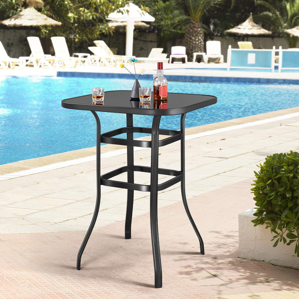 Yaheetech Metal Frame Patio Bar Table Tempered Glass, Height High Top Outdoor Pub Height Bistro Square Glass Side Table for Balcony Backyard Poolside, Black Yaheetech