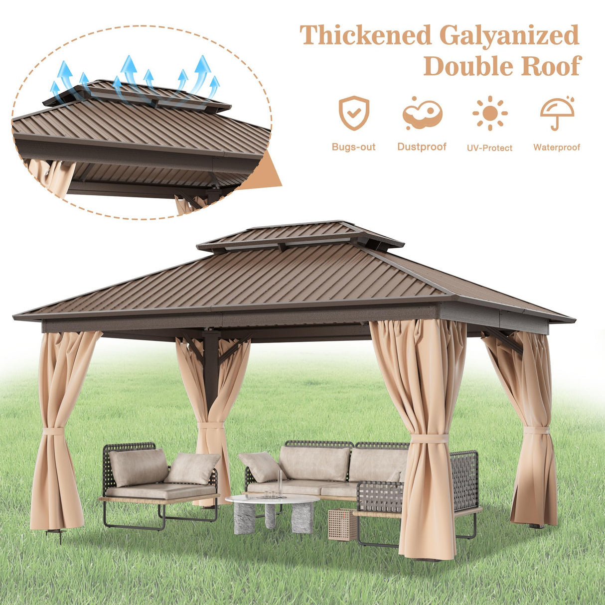 WKM 10x14 FT Hardtop Gazebo with Heavy Duty Galvanized Steel Double Roof, Aluminum Frame Permanent Pavilion with Curtains and Netting, Outside Canopy Gazebo for Patio, Deck and Backyard,Brown WKM