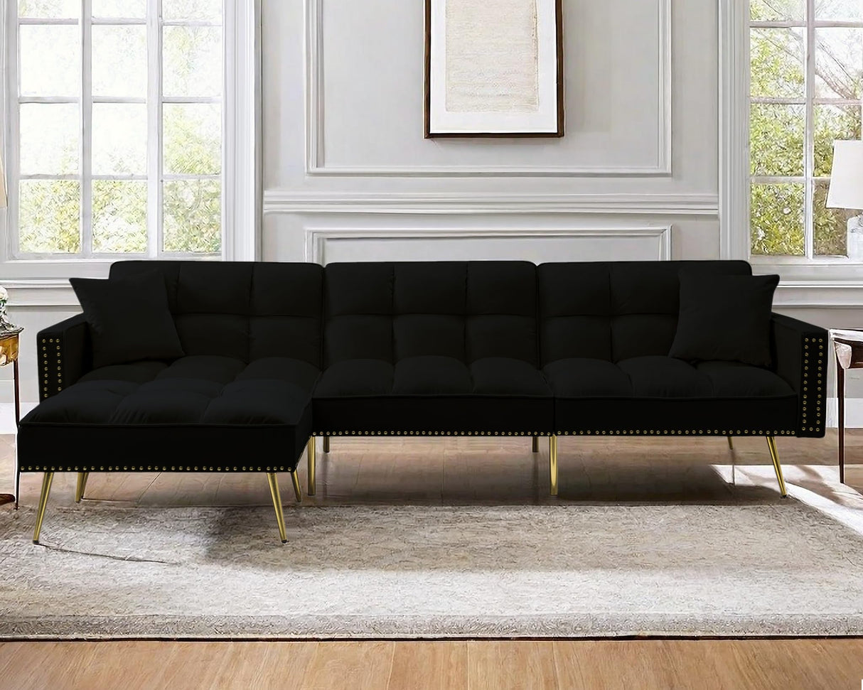 GlasFlength Sectional Couches for Living Room - Convertible Sleeper Sofa Bed, Reversible Chaise Lounge, Nailhead Decor L-Shaped Sectional Sofa Bed for Home, Office, Apartment - Black GlasFlength