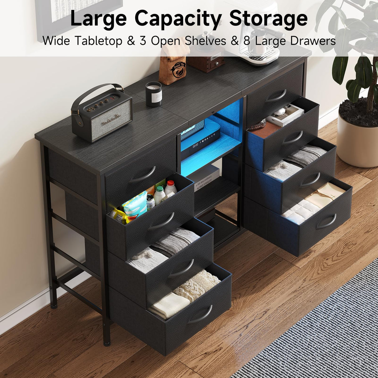 COTUBLR Fits 55" TV Stand Dresser for 50 55 60 Inch TV Dresser TV Stand with Power Outlets & LED Lights & 8 Drawers Dresser with PU Finish, 47 Inches TV Console with Open Shelves, for Bedroom COTUBLR