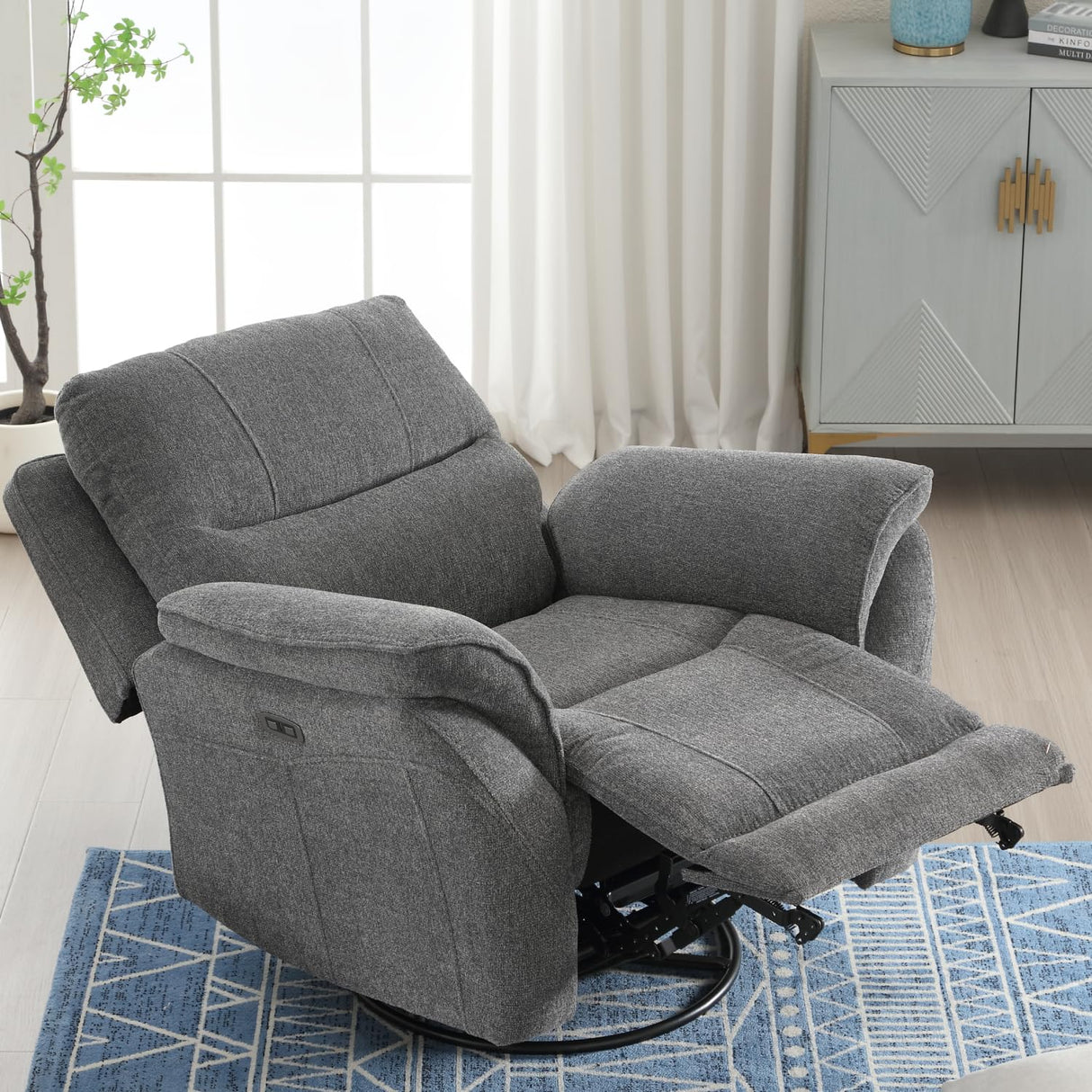 INZOY Glider Recliner Nursery Chair, Power Recliner Swivel Gider, Fabric Electric Swivel Recliner Rocker with Overstuffed Backrest, Power Recliner Chair Reclining Sofa for Living Room, Grey INZOY
