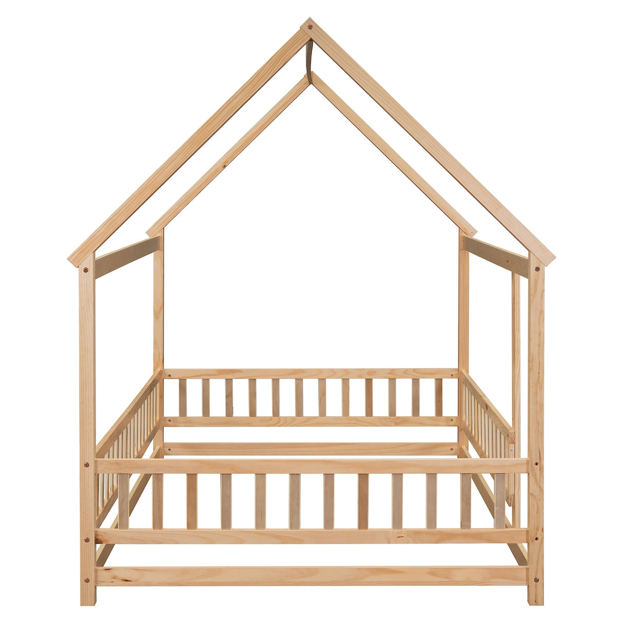 Bellemave Full Size Kids House Bed with Roof and Fence - Solid Wood Montessori Floor Bed in Natural Finish Bellemave