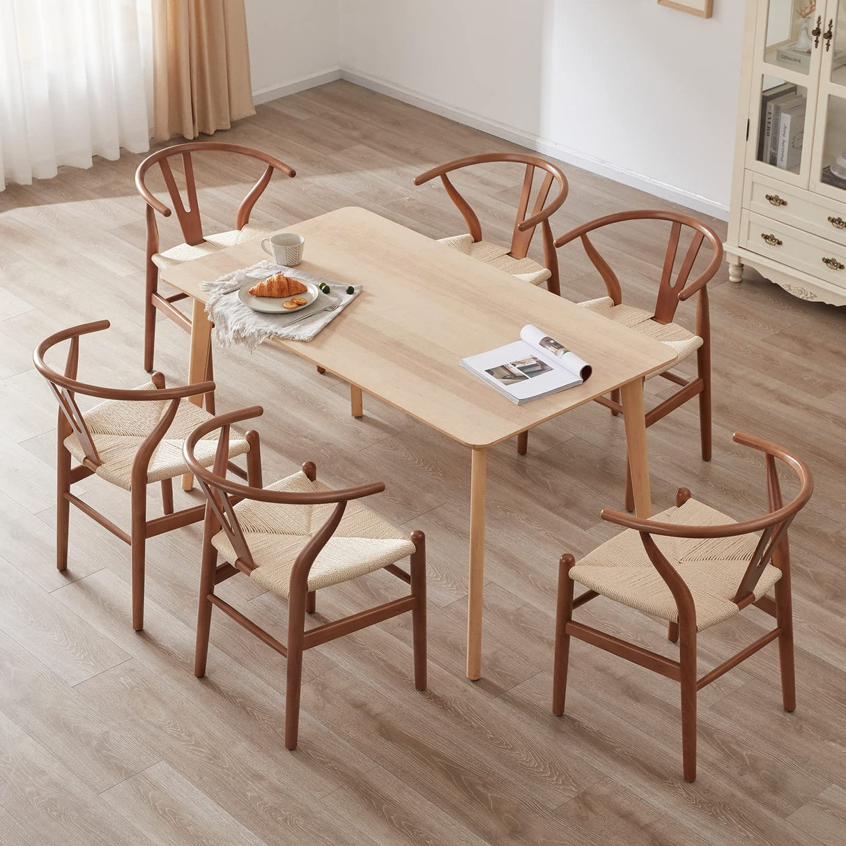 STARY Fully Assembled Wishbone Rattan Dining Room Chairs, Set of 2, Walnut STARY