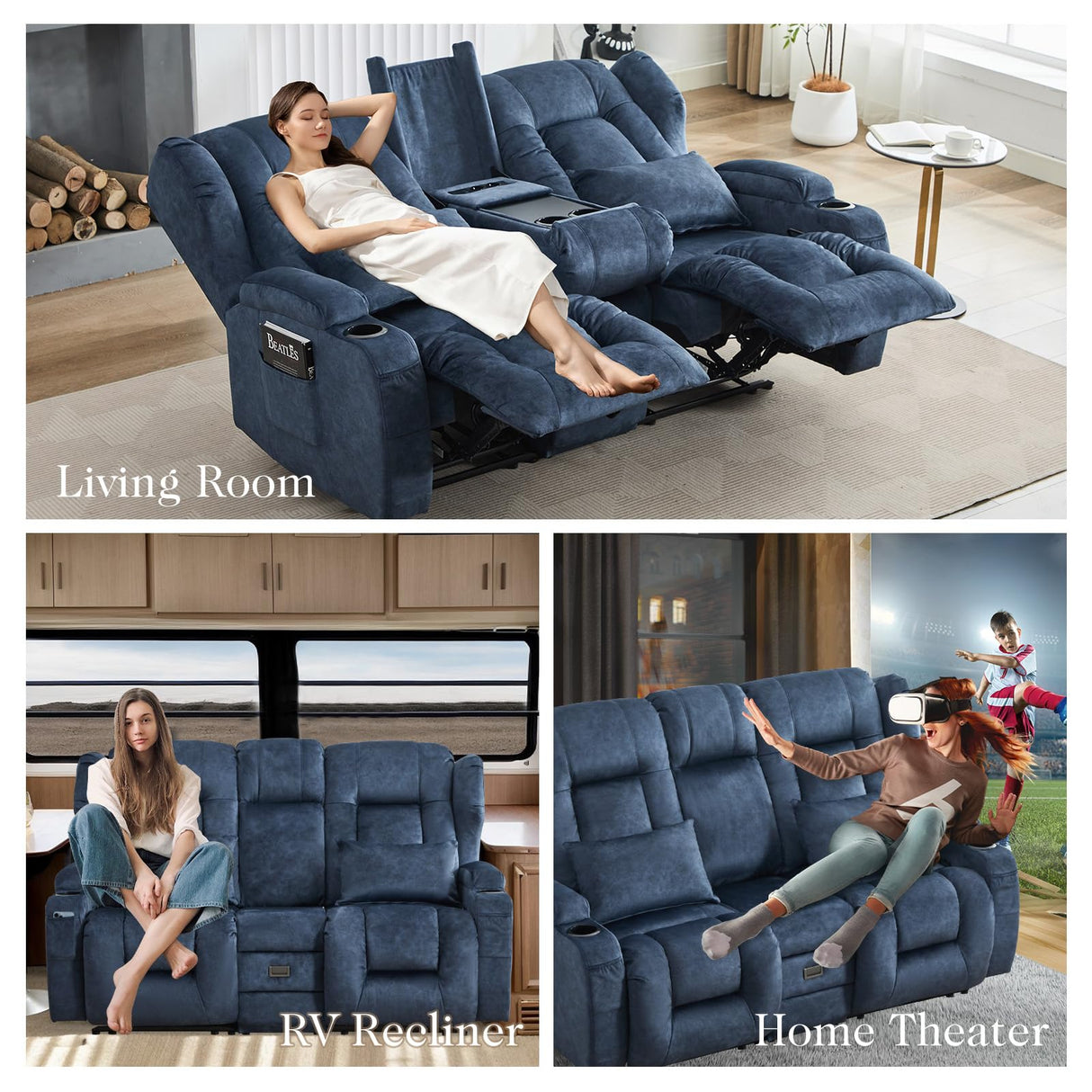 TCGBKAF Loveseat Recliner Sofa with Flip-up Console,Reclining Loveseat Sofa Wall Hugger Recliners for Small Spaces,Dual Manual Recliner Couches with Cup Holders for Living Room (Velvet Blue) TCGBKAF