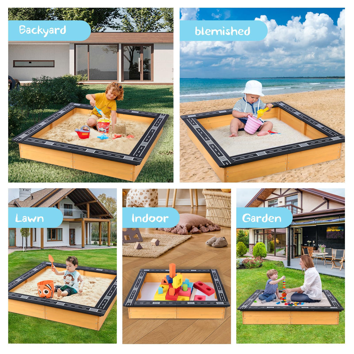 FAHKNS Wooden Sandbox for Backyard,DIY Raceable Race Track Seats,Sand Protection, Bottom Liner for Outdoor Recreation, Toy Storage, Flower Gardening.(47x 38in ) FAHKNS