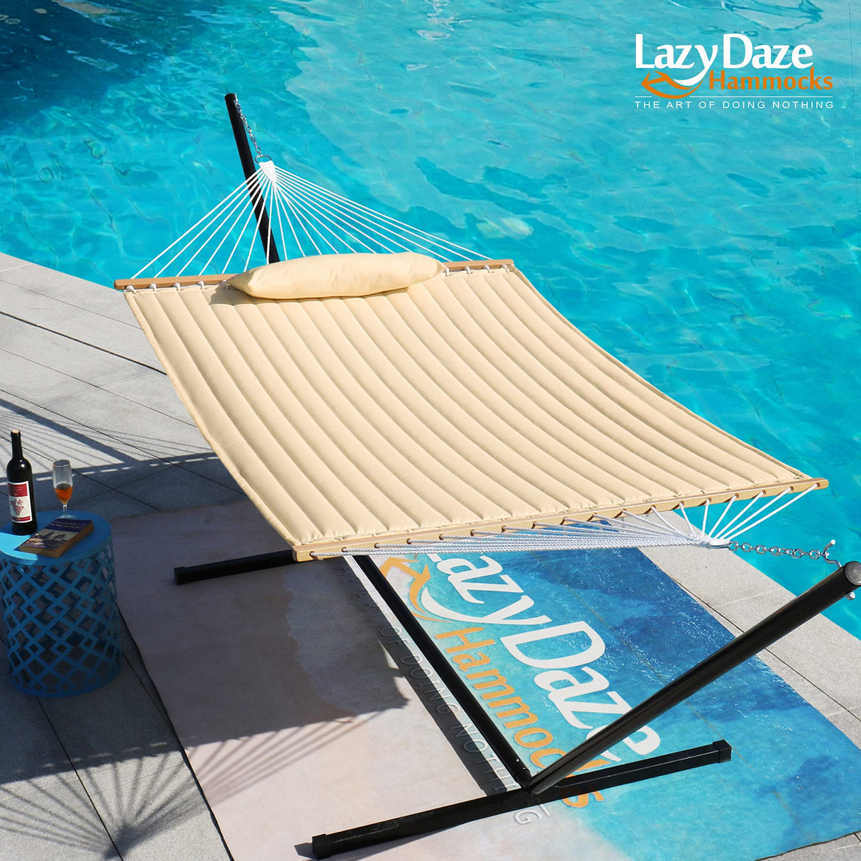 Lazy Daze Hammocks 12FT Quilted Fabric Double Hammock with Pillow, 2 Person Hammock with Spreader Bar for Outdoor Outside Patio Garden Yard Pool Beach (Linen) Lazy Daze Hammocks