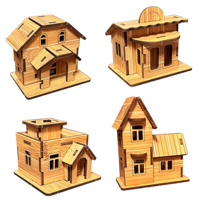 MPIUET 3D Wooden Puzzles for Adults 4PCS Wooden Mini House Model Kits for Adults, 3D Jigsaw Brain Teaser Puzzles, Log Cabin DIY