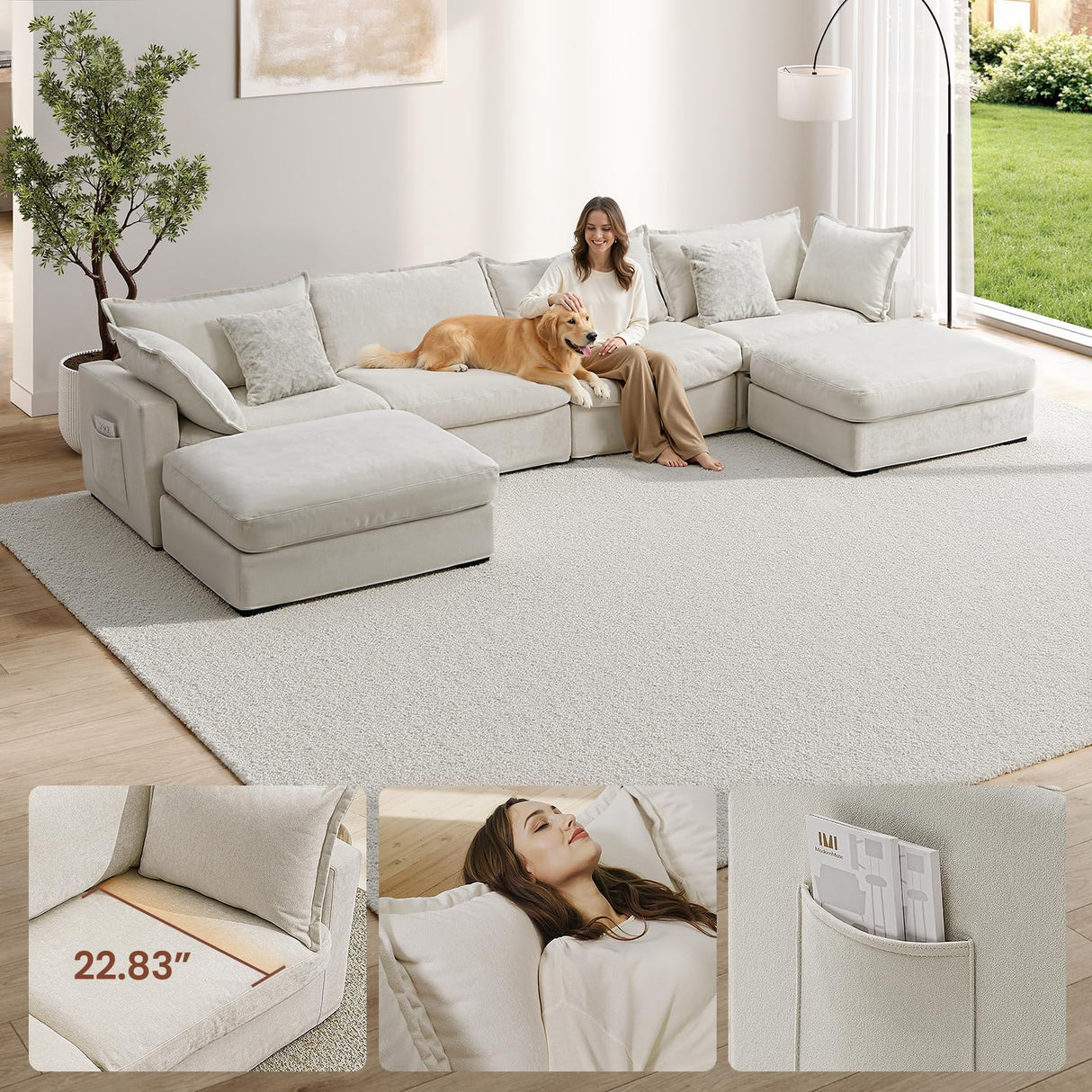 ModernMate 158" Modular Sectional Sofa, Down Filled Sectional Couches for Living Room, Oversized U Shape Couch with Deep Seat, Modular Couch 4 Seater with 2 Storage Ottoman,Cover Removable, Beige ModernMate