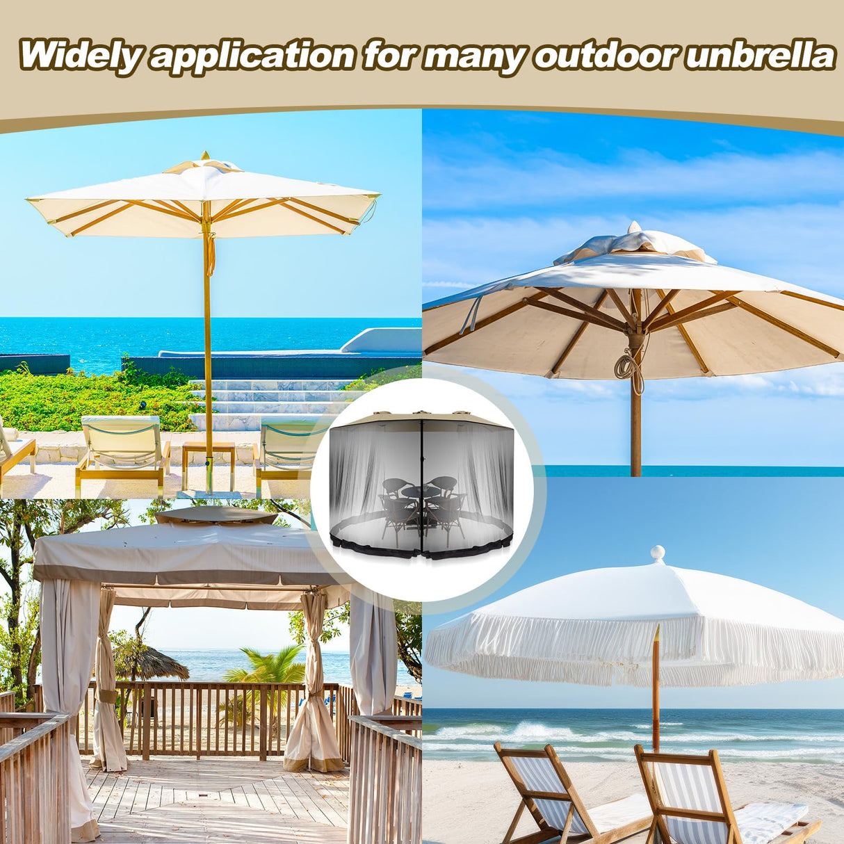 Wesnoy 13-15 ft Umbrella Mosquito Netting Patio Mosquito Netting with Double Zipper Door Patio Umbrella Screen Enclosure Mesh Mosquito Umbrella Canopy Mesh Net Screen for 10'x10' Pop up Gazebo, Black Wesnoy