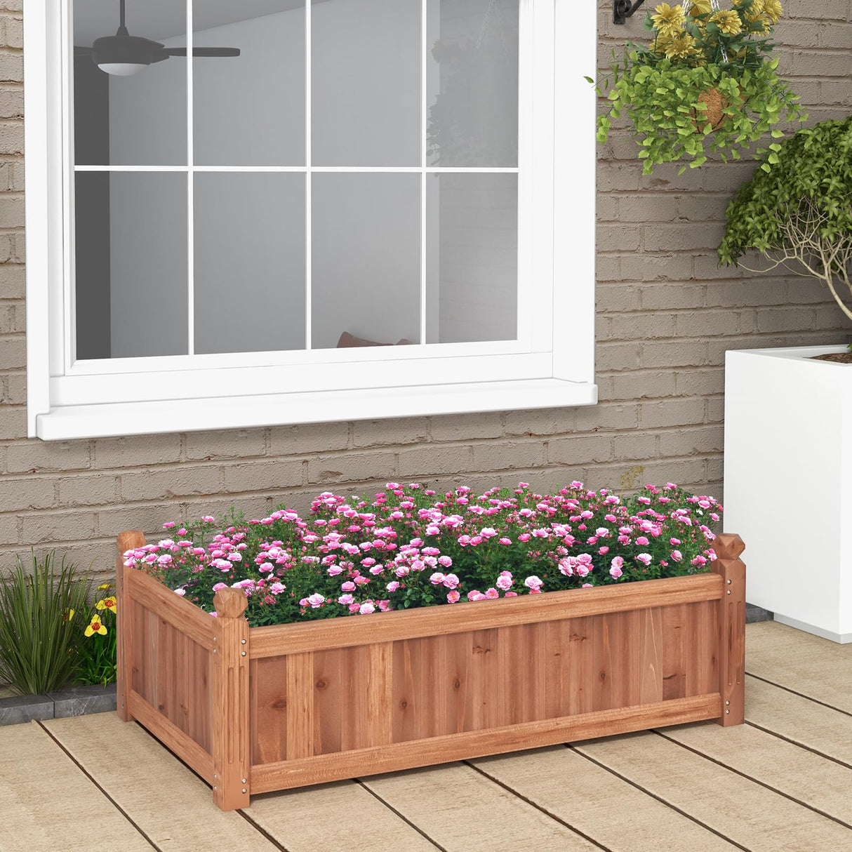 HAPPYGRILL Wood Raised Garden Bed, 46” x 24” x 16” Rectangular Planter Container w/Drainage Holes for Growing Vegetables, Flowers, Herbs, Outdoor Planter Box Flower Box for Backyard Garden Lawn HAPPYGRILL