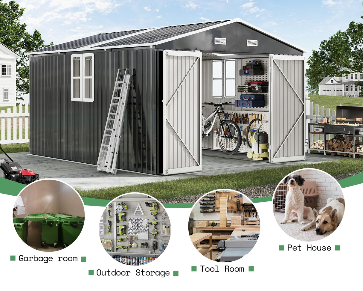 AMERLIFE 10x12x7 FT Galvanized Steel Storage Shed with 2 4-Pane Windows Hinged Double Doors, Outdoor Shed for Backyard, Garden, Patio, Dark Grey/White AMERLIFE