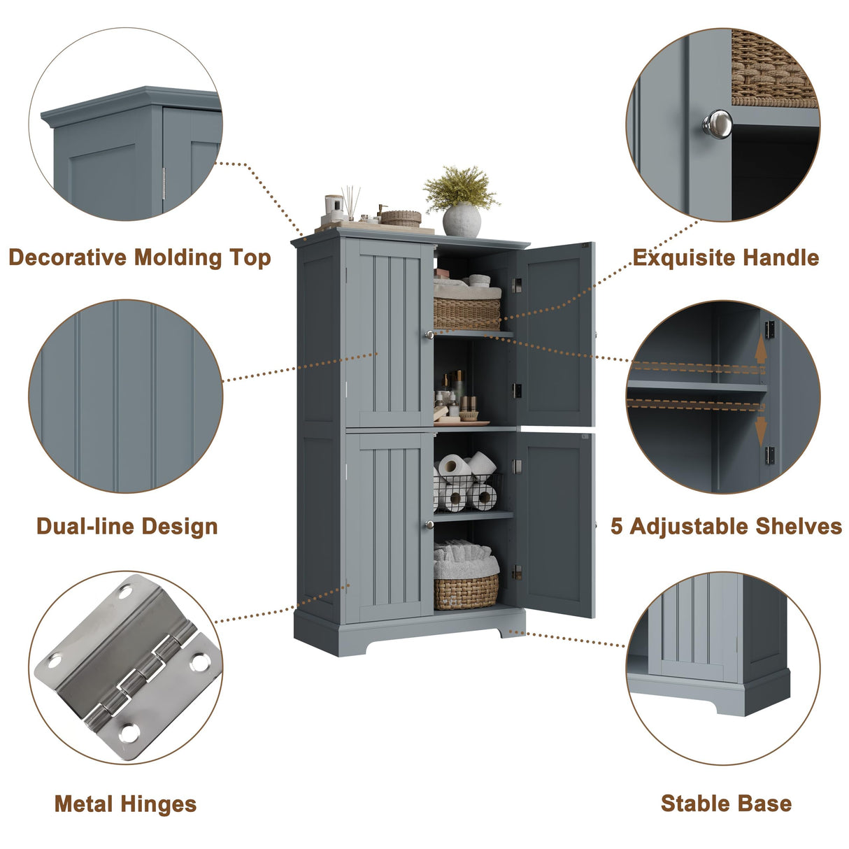 ChooChoo Bathroom Floor Cabinet, Modern Bathroom Storage Cabinet with 4 Doors and Adjustable Shelves, Freestanding Cupboard for Living Room, Grey ChooChoo
