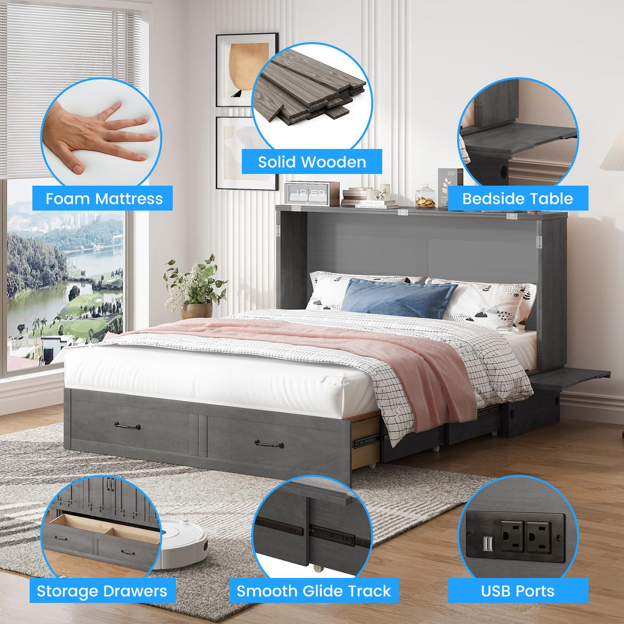 PUREMIND Queen Murphy Bed Cabinet with Mattress Included, Cabinet Beds with Storage Drawers, Murphy Chest Bed with USB Charging Station, Horizontal Murphys Wallbed for Bedroom, Guest Room PUREMIND