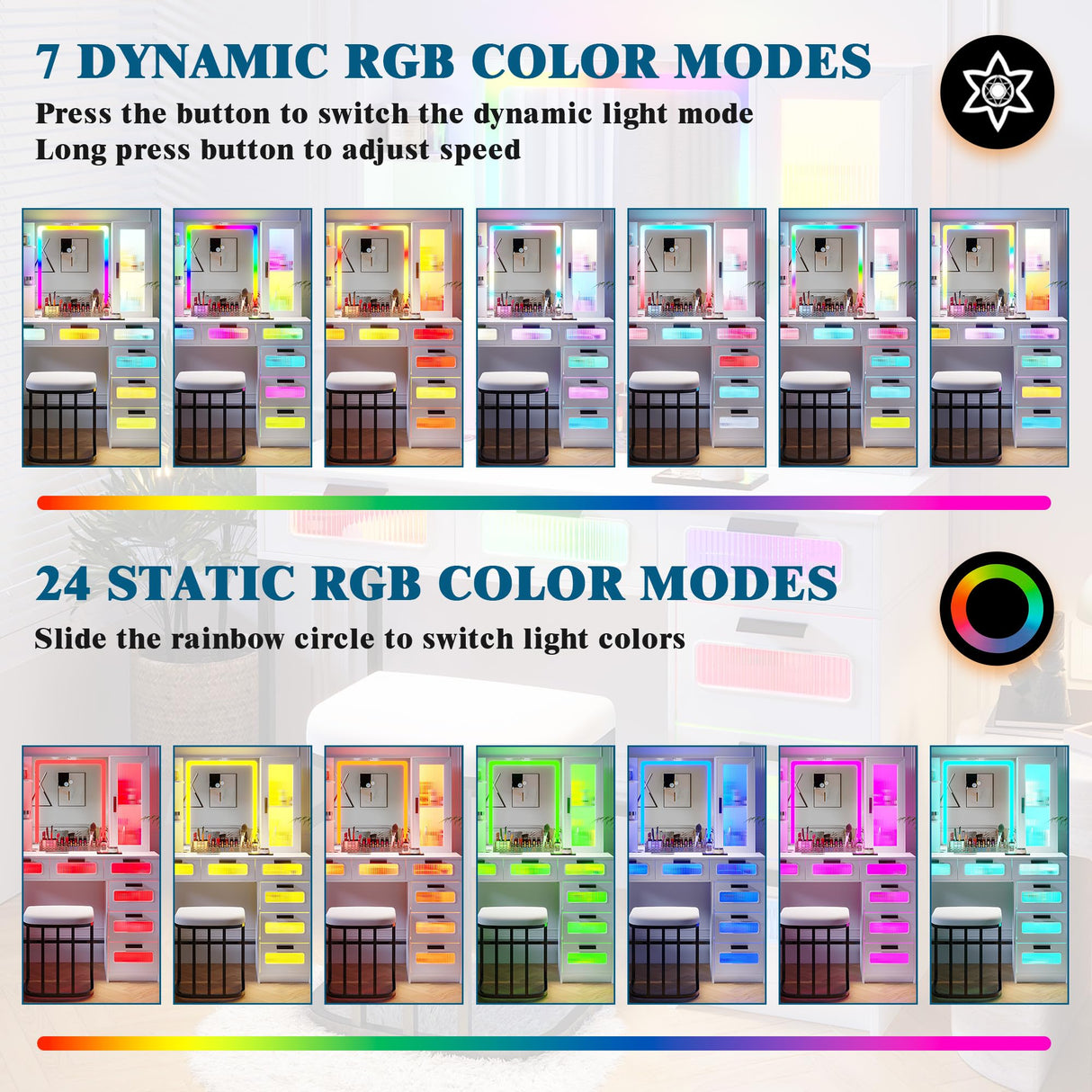 HNEBC RGB Vanity Desk with Mirror and Lights, LED Vanity Makeup Desk with USB/Wireless Charger Station, Vanities Dressing Table Sets with 6 Drawers/Cabins/Stool/Shelves for Bedroom&Cloakroom(White) HNEBC