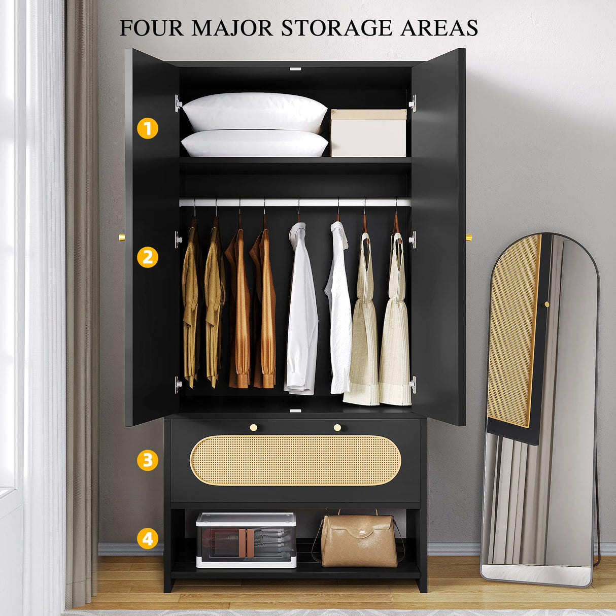 DWVO Rattan Armoire Wardrobe Closet - 70" Tall Rattan Armoire Closet with Doors, Large Storage Cabinet with Drawers & Hanging Rod/Bedroom Armoire - Black DWVO