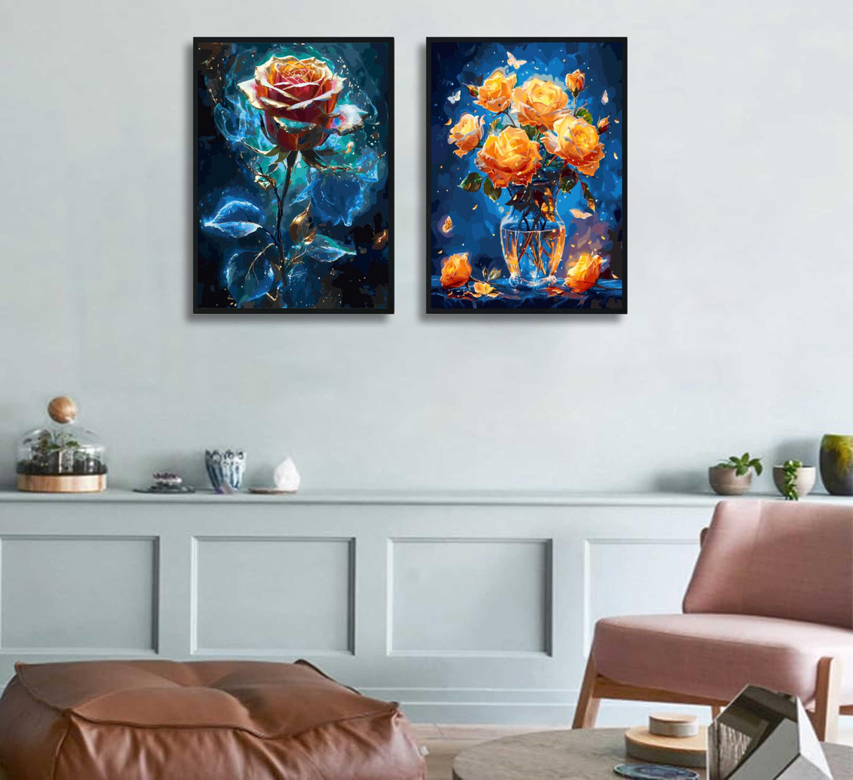 2 Pack Paint by Number Kit 16x20inch Adults Rose Flower Paintings, DIY Acrylic Painting Set with Glowing Rose Orange Roses in Vase, Creative Art Kit for Home Decor and Relaxation Generic