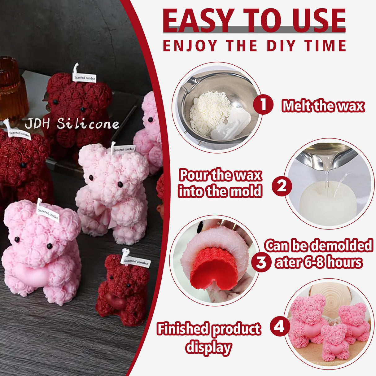2PCS Rose Bear Silicone Mold,3D Teddy Bear Candle Making Molds,Silicone Epoxy Resin Mould,Ornament for DIY Wax Candle Art Craft Cake Chocolate Home Decor Valentine Gifts Birthday Gift(MINI) JDH Silicone