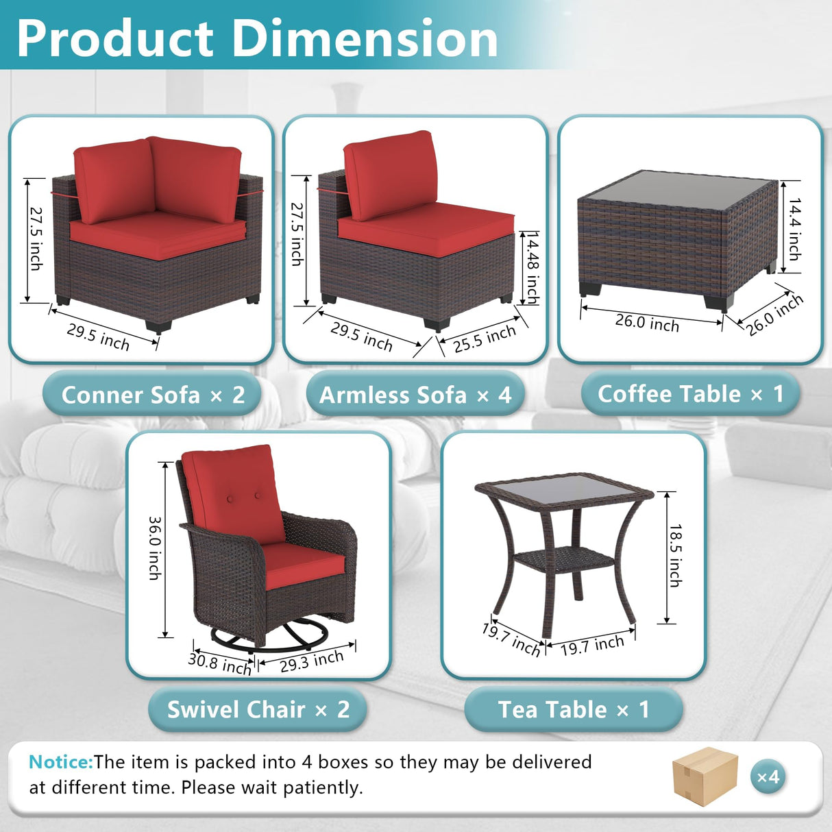 ALAULM 10 Pieces Patio Furniture Set with 2 Swivel Chairs Wicker Patio Conversation Set, Outdoor Sectional Furniture w/Coffee Table & Washable Seat Cushions-Red ALAULM