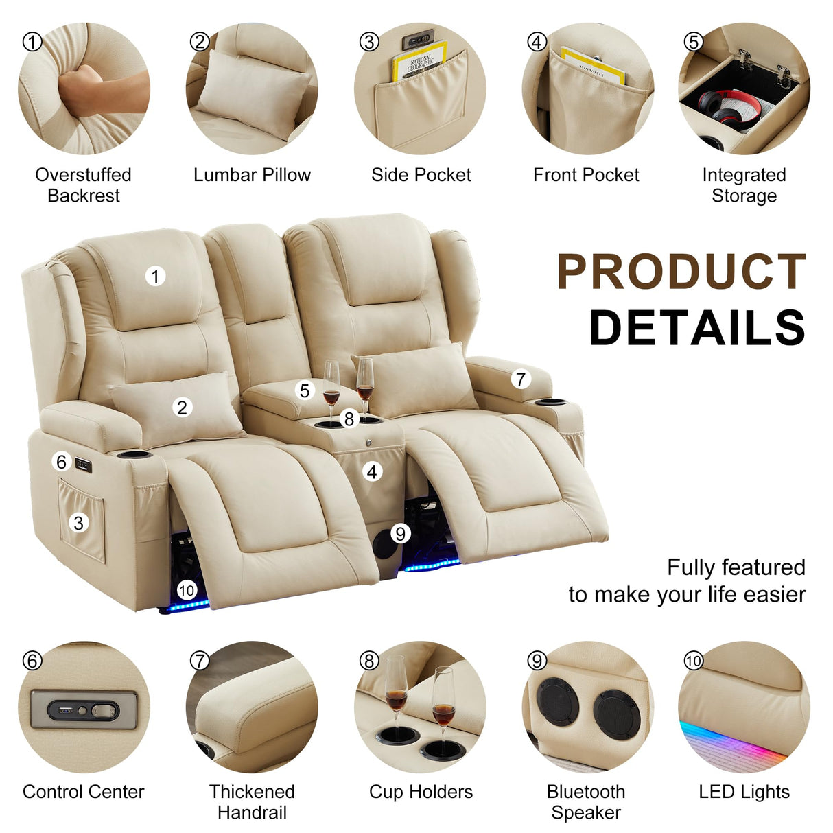 DRMBOOK RV Power Loveseat Recliner Sofa, Leathaire Fabric Wall Hugger Reclining Sofa with Console, Home Theater Seating Chair with Cup Holders, 2 Person Couch RV Furniture for Living Room, Beige DRMBOOK
