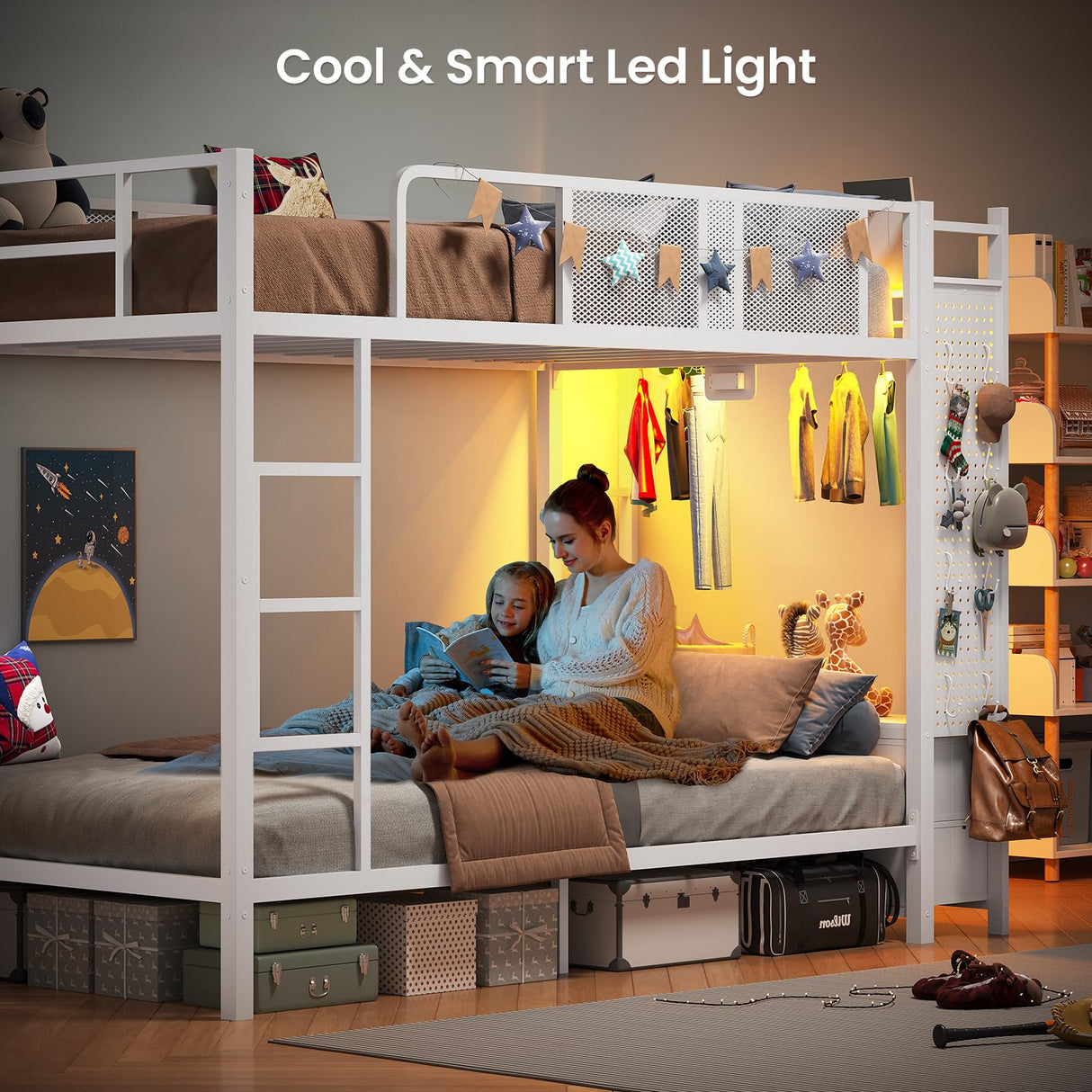 Itaar Metal Bunk Bed Twin Over Twin with Hall Tree, Power Outlet, LED Bunk Bed with 4 Storage Drawers, Bed with Safety Guardrail & Ladders, No Box Spring Needed, Easy Assembly, White Itaar