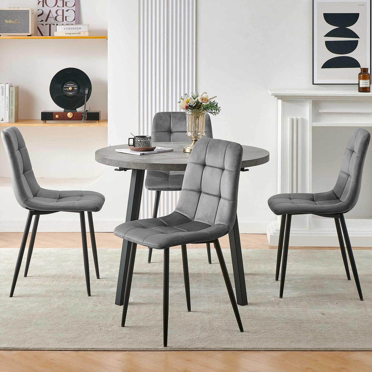 somedream Modern 4-Person Round Dining Table Set, Space-Saving for Kitchen, Living Room, Apartment, includes Dining Table & 4 Grey Chairs,Small Dining Room Set for 4 somedream