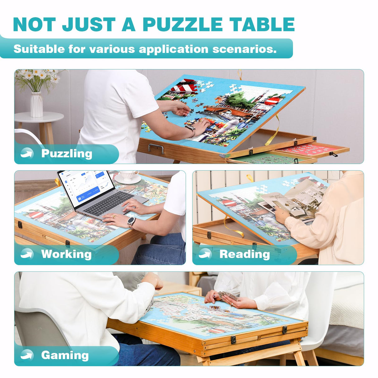 BittPicc 1500 Piece Puzzle Table with Drawers 25"x34" Wooden Jigsaw Puzzle Table with Legs and Protective Cover Adjustable Portable Puzzle Tables for Adult Folding Puzzle Board Table BittPicc