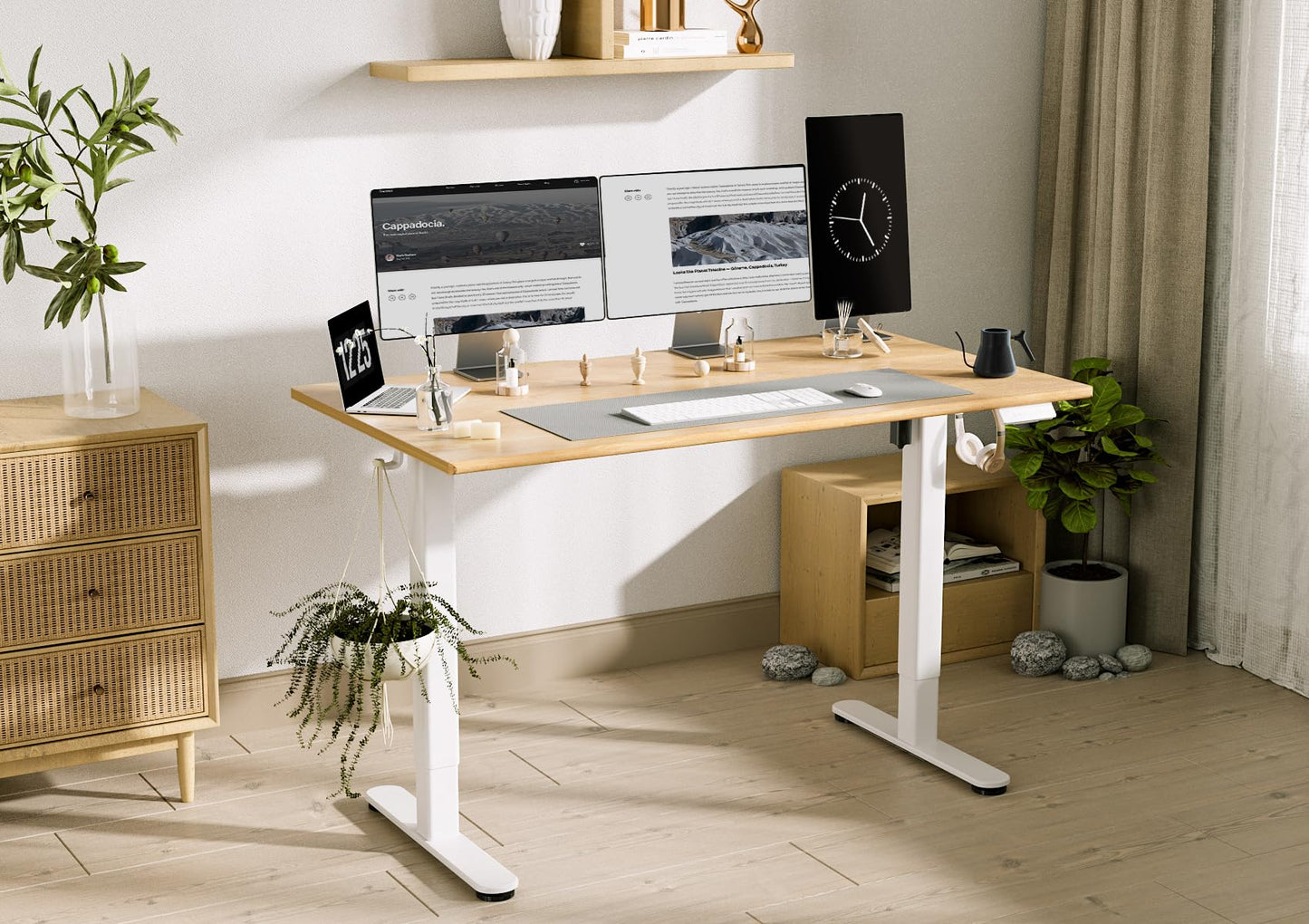 INNOVAR Solid Wood Electric Standing Desk, 55x24 Inches Adjustable Height Stand up Desk with Whole Piece Desktop, Sit Stand Home Office Desk White Frame/Nature Top