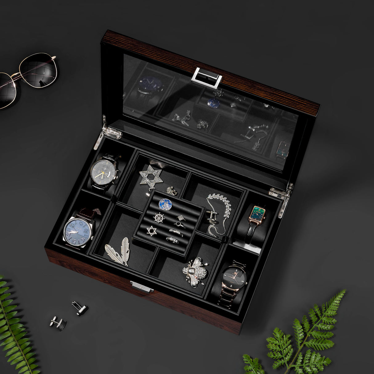 BEWISHOME Jewelry Box for Men, Mens Jewelry Box with Glass Top, Wooden Watch Box Organizer with Smooth Faux Leather Interior, Jewelry Display Case for Earrings Rings Bracelets Watches, Brown SSH07Y BEWISHOME