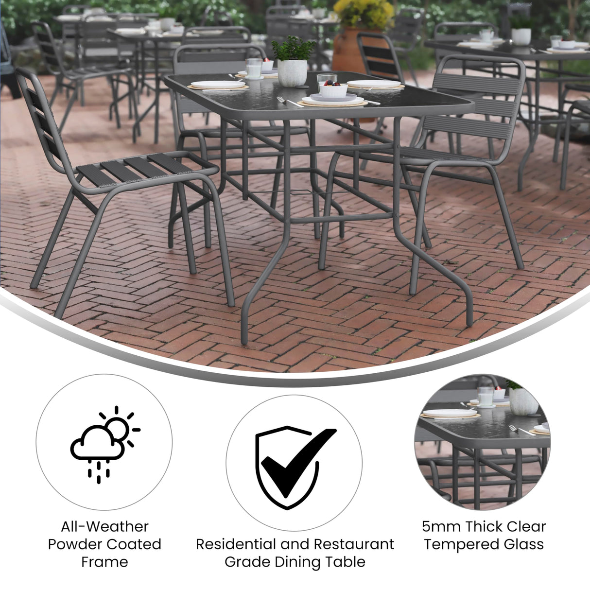 Flash Furniture Tory 31.5" x 55" Rectangular Tempered Glass Metal Table with Umbrella Hole, Silver Flash Furniture
