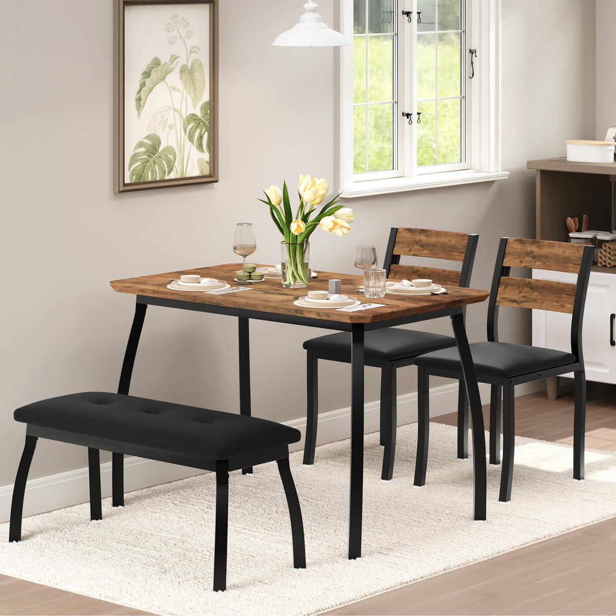 SLEKVERSA 4 Piece Farmhouse Dining Table Set for 4, Space Saving Rustic Kitchen Table with 2 Padded Chairs & Bench, Small Breakfast Nook Furniture Set for Dining Rooms, Apartments, Vintage SLEKVERSA
