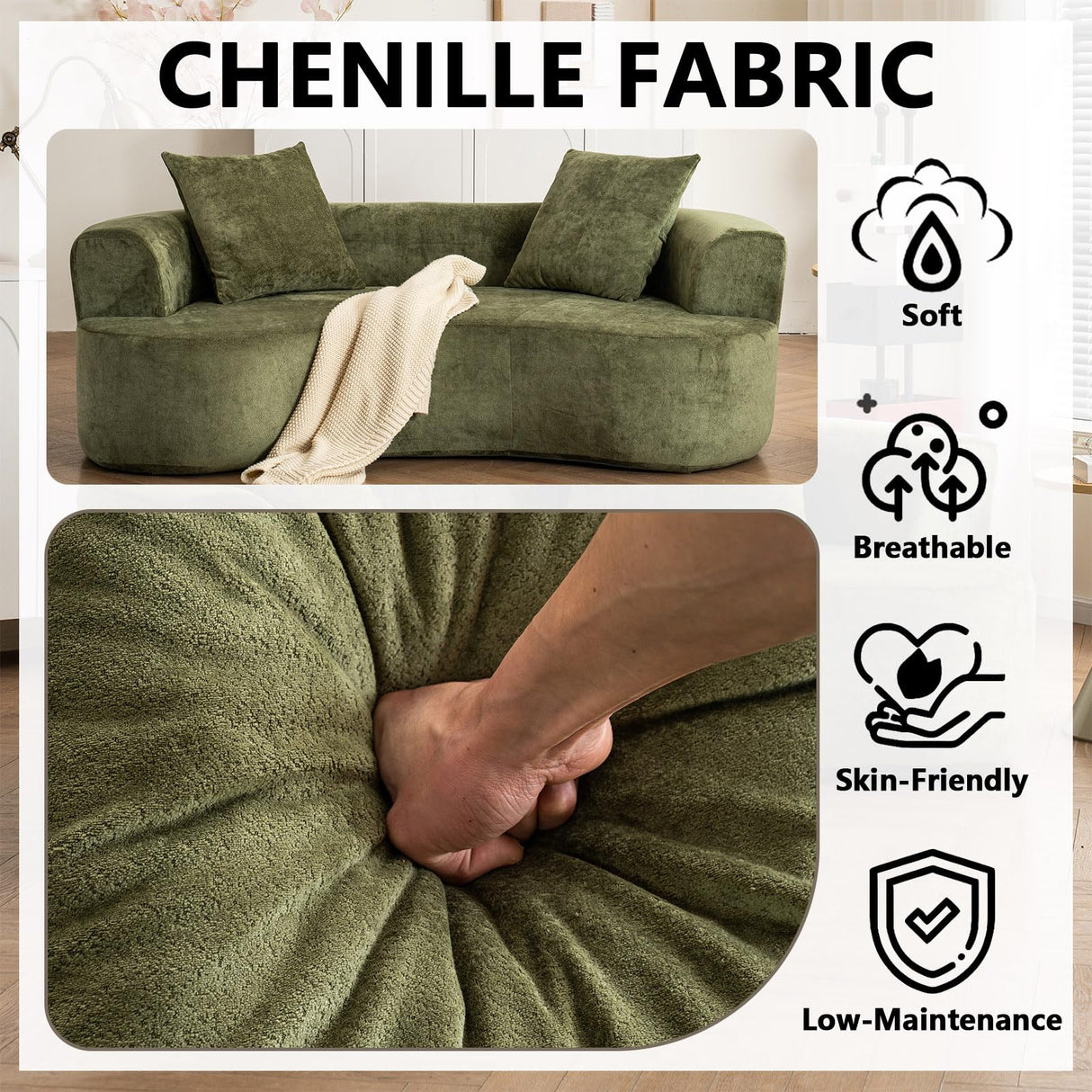 80" Curved Loveseat for Small Spaces, Green Curved Couches for Living room, Compression Sofa in a Box with 2 Pillows, Small Couch for Bedroom with Wide Armrest & Memory Foam, No Assembly Required Thctvous