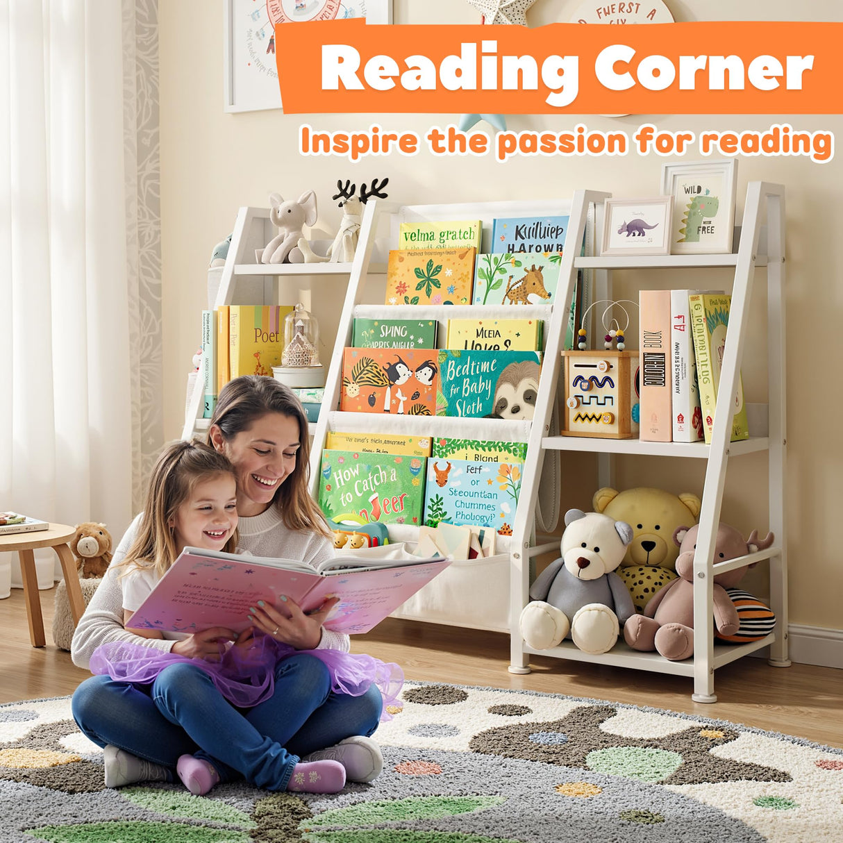 GoTiling Kids Bookshelf Large Storage Bookcase: 3-Tier White Book Sling Shelf Toy Organizer for Toddler - Display Rack with 3 Pockets for Kids Rooms, Bedroom, Playroom, Nursery (Wood + Metal) GoTiling