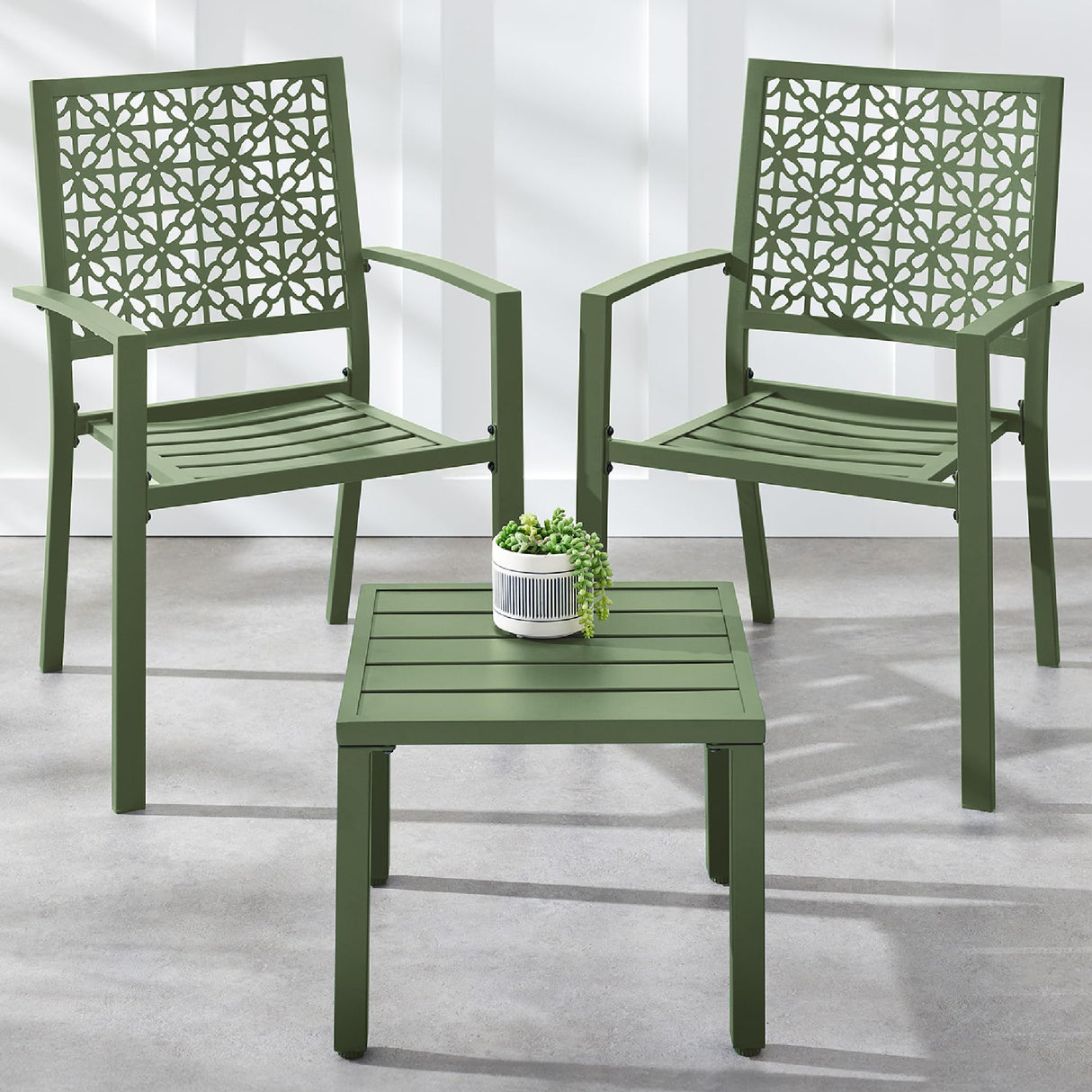 Best Choice Products 3-Piece Outdoor Bistro Set, Stackable Modern Steel Furniture for Porch, Garden w/ 2 Chairs, Table, Geometric Decor - Sage Green Best Choice Products