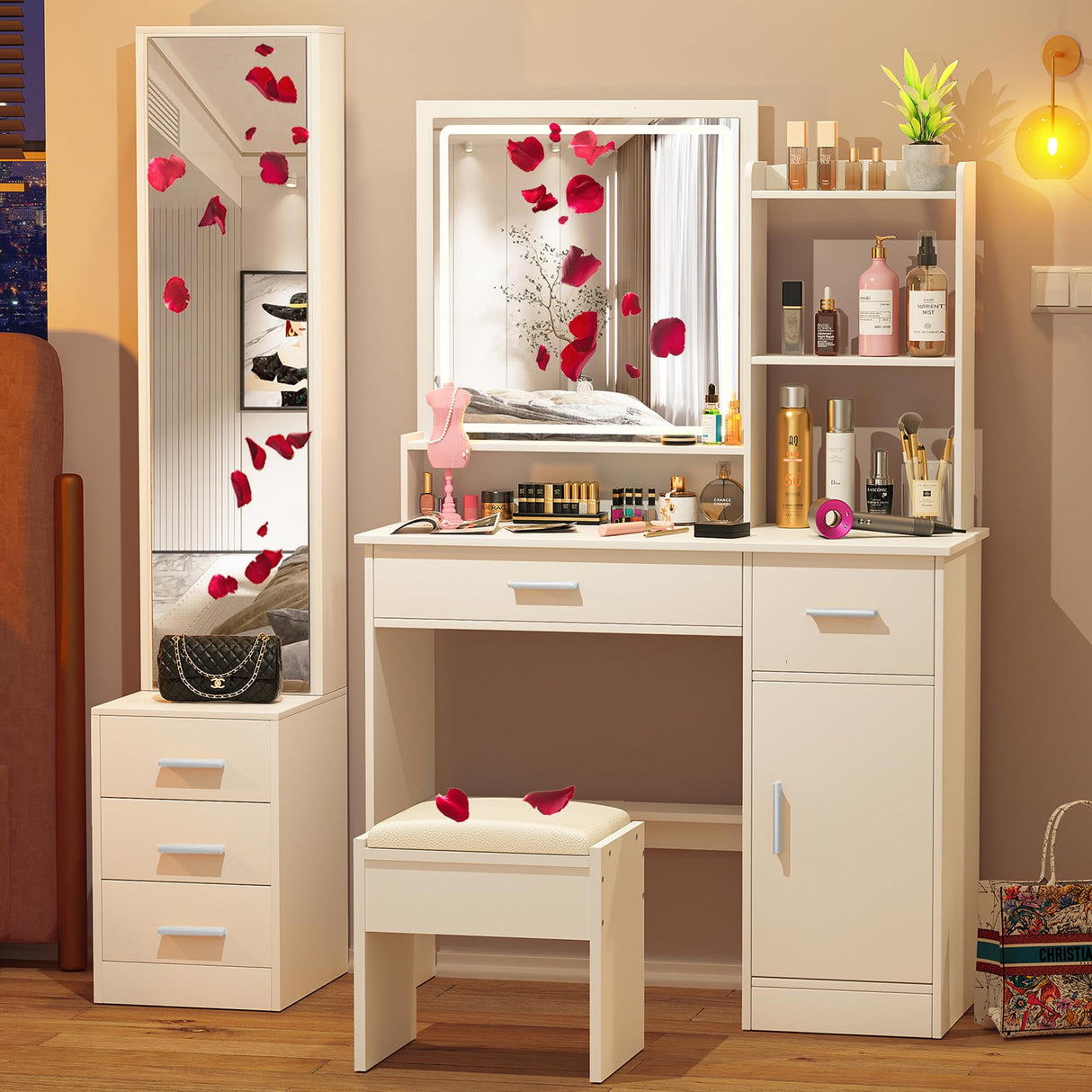 INTERGREAT Makeup Vanity Desk with Lights and Full-Length Mirror, White Vanity Table Set with 3 Lighting Modes, Dressing Table with Drawers, Large Vanity Desk for Women and Girls' Bedroom INTERGREAT