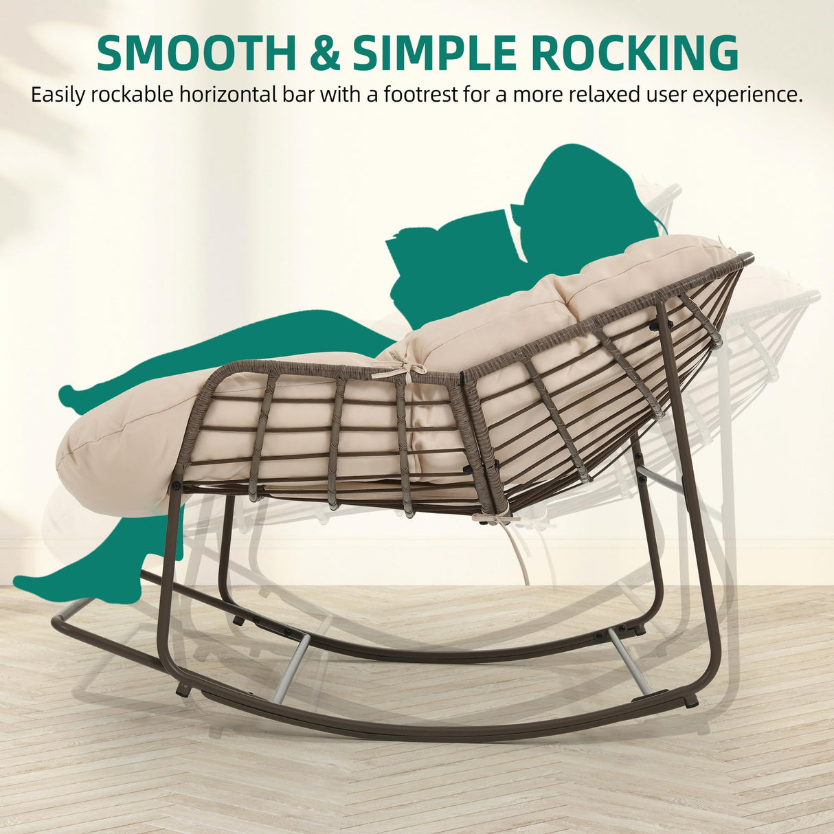 YITAHOME Rocking Papasan Chair, Outdoor Oversized Saucer Chair with Foldable Frame & Comfy Cushion, Wicker Basket Moon Chair for Patio, Porch, Bedroom (Brown+Beige) YITAHOME