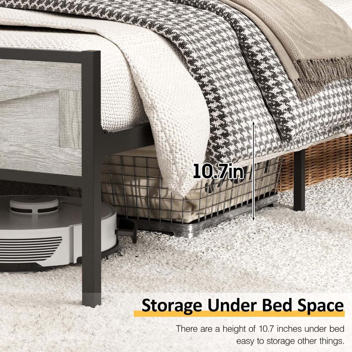 Halitaa Queen Size Bed Frame with LED Lights and Charging Station in Antique White Halitaa