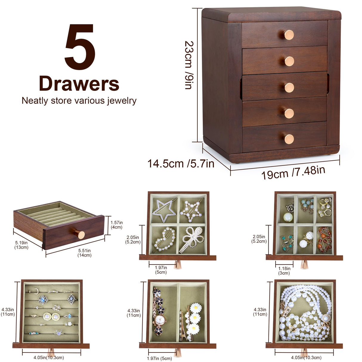 Kendal Wooden Jewelry Box for Women, Wooden Jewelry Organizer, 5-Layer Jewelry Organizer Box with Side Door, Jewelry Holder Organizer for Earrings, Necklaces, Rings Kendal