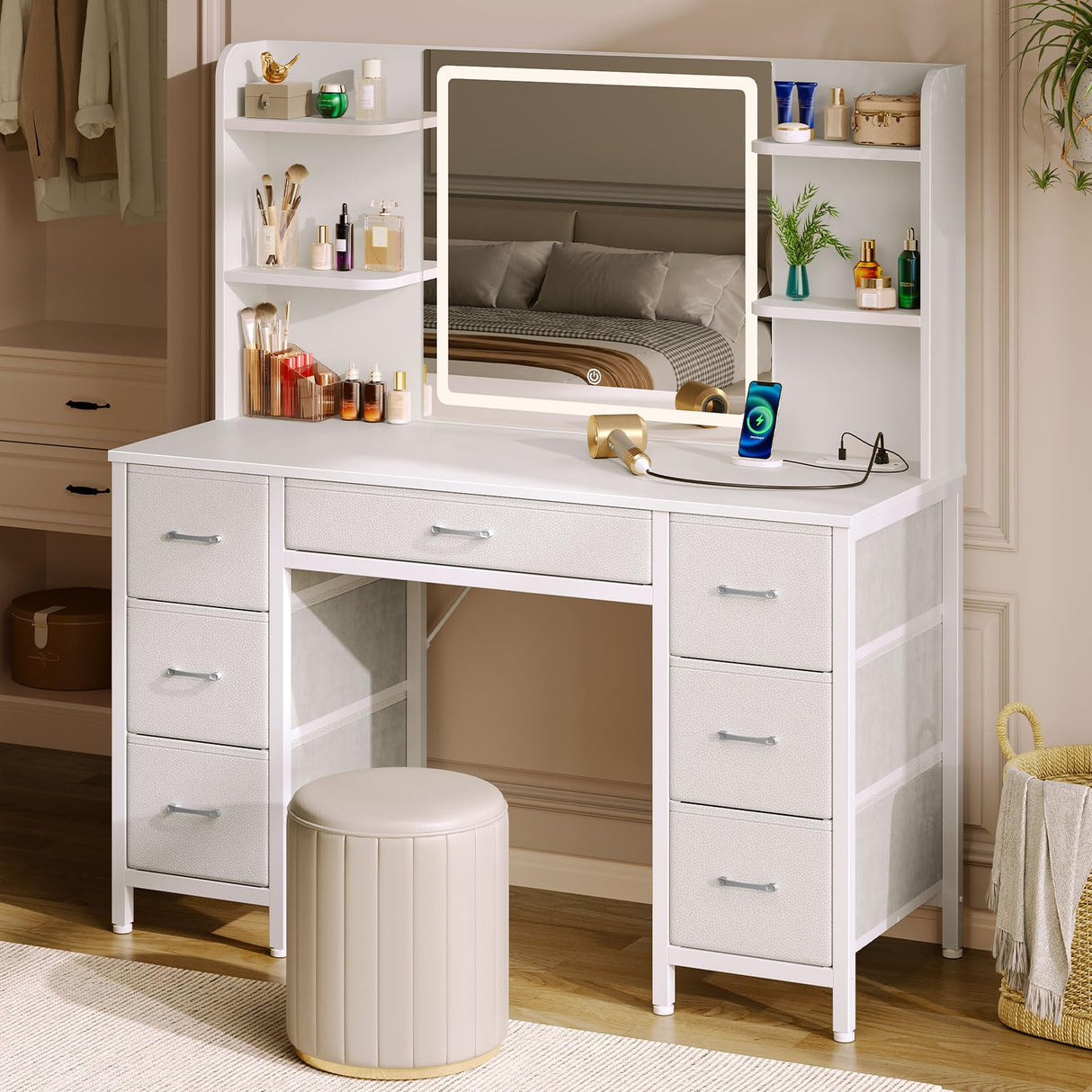 Rolanstar Vanity Desk with Lighted Mirror & Power Outlet, Makeup Vanity with 7 Fabric Drawers, 6 Storage Shelves & 3 Lighting Modes, Dressing Table for Bedroom, Girls, Women, White Rolanstar