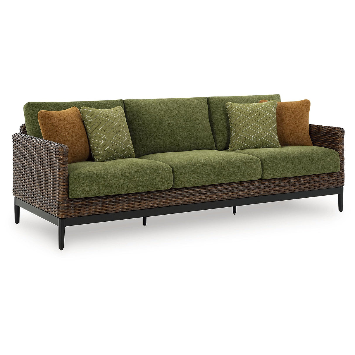 Signature Design by Ashley Horizon Hall Vintage Outdoor Weather Resistant Resin Wicker Sofa with Cushion and 2 Accent Pillows, Green & Dark Brown Signature Design by Ashley