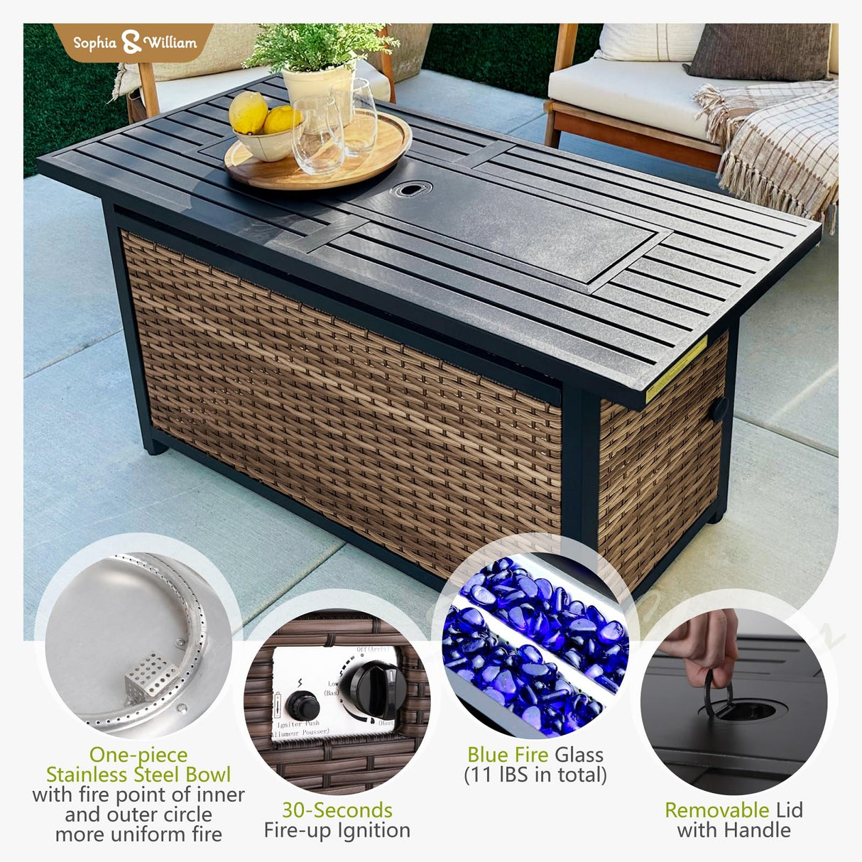 Sophia & William Patio Furniture Set with Fire Pit Table, 8 Piece Outdoor Wicker Conversation Set, Large Rattan Sectional Sofa with Ottoman & 56" Fire Pit Table(Aqua Blue) Sophia & William